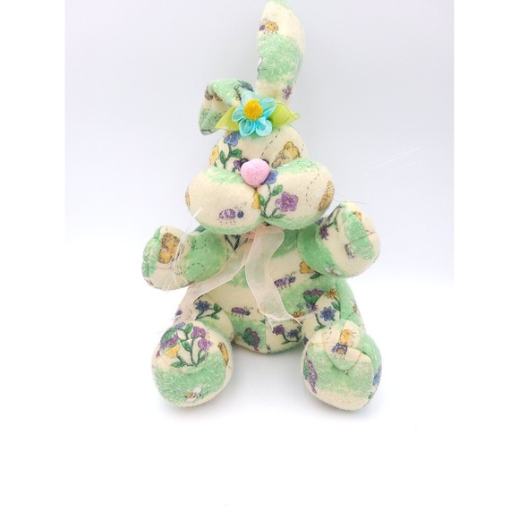 Plush Bunny Rabbit Flower Tapestry Style Pattern Green Blue Pink Ribbon Easter - Picture 1 of 8